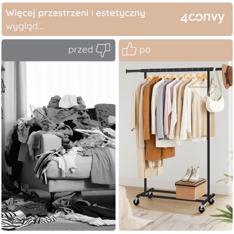 Stojak na ubrania 4convy to solidne rozwiązanie na lata, wykonane z metalu i chromowanej powłoki, w przeciwieństwie do tymczasowych, nietrwałych plastikowych stojaków czy modeli bez kółek. Idealny wybór dla trwałości i funkcjonalności.