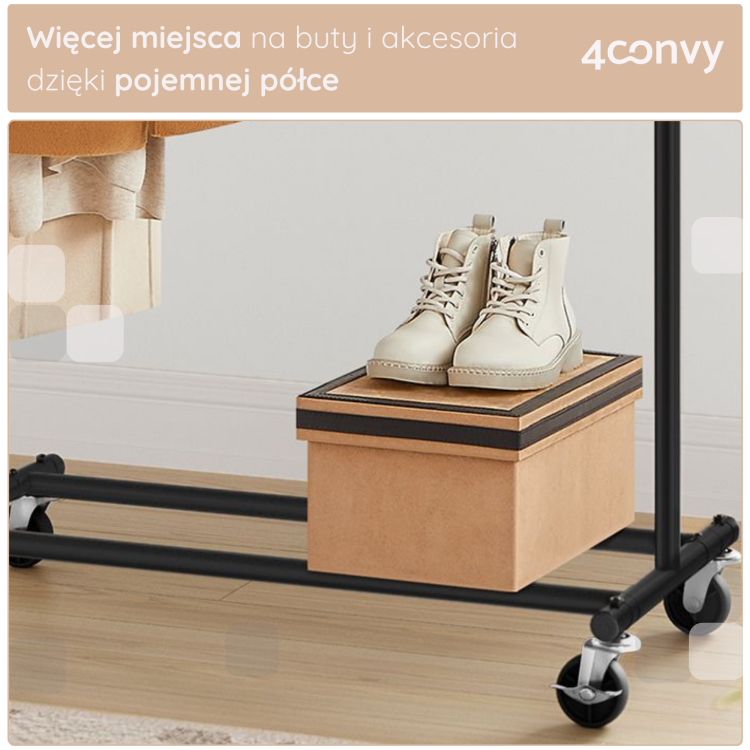 Stojak na ubrania 4convy idealny do przechowywania odzieży, z dodatkowymi półkami na buty i akcesoria. Praktyczne rozwiązanie do organizacji przestrzeni w sypialni, przedpokoju czy garderobie.