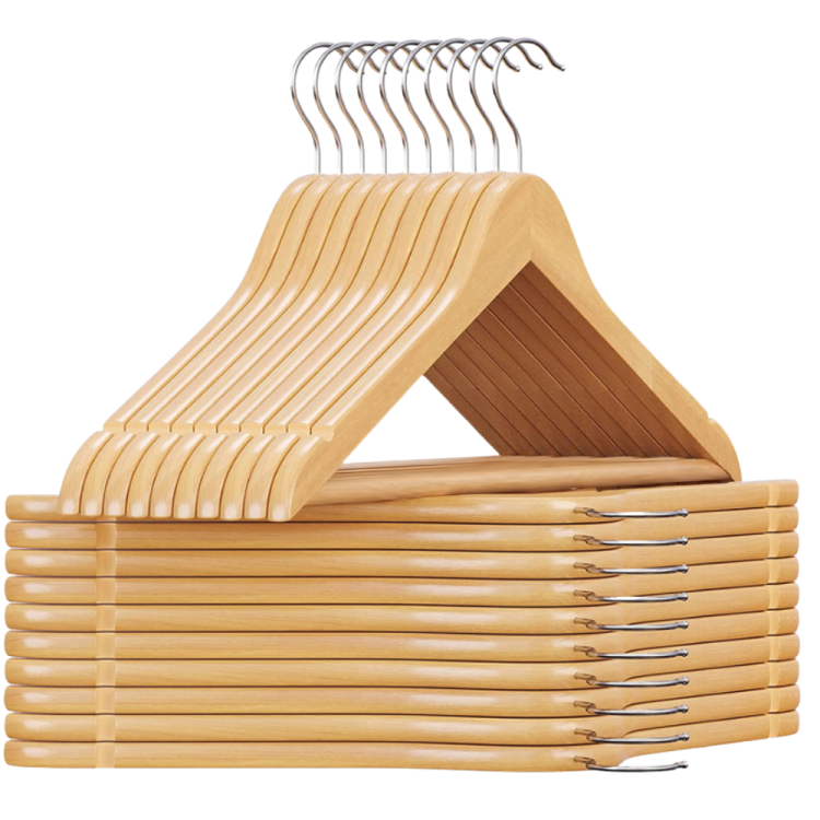 Komplet solidnych, drewnianych wieszaków do szafy z metalowym hakiem – idealne do przechowywania koszul, marynarek, płaszczy i sukienek. Wytrzymałe i eleganckie wieszaki pomagają utrzymać porządek w garderobie.