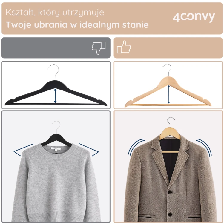 Ergonomiczny wieszak drewniany, zaprojektowany tak, aby utrzymać ubrania w idealnym stanie. Dzięki swojemu kształtowi, wieszak zapobiega rozciąganiu odzieży, zachowując jej formę.