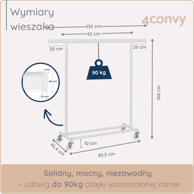 Stojak na ubrania 4convy z pojemną półką, która zapewnia dodatkową przestrzeń na buty i akcesoria. Idealne rozwiązanie do porządkowania przestrzeni w szafie, przedpokoju lub garderobie.