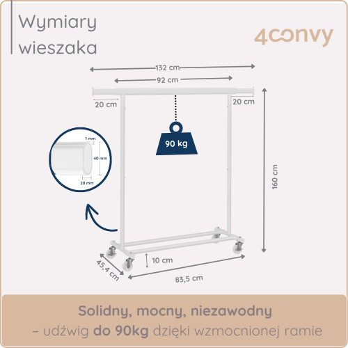 Stojak na ubrania z obrotowymi kółkami i blokadą, zapewniającymi mobilność i stabilność. Idealny do łatwego przesuwania w dowolne miejsce, doskonały do przechowywania odzieży w domu.