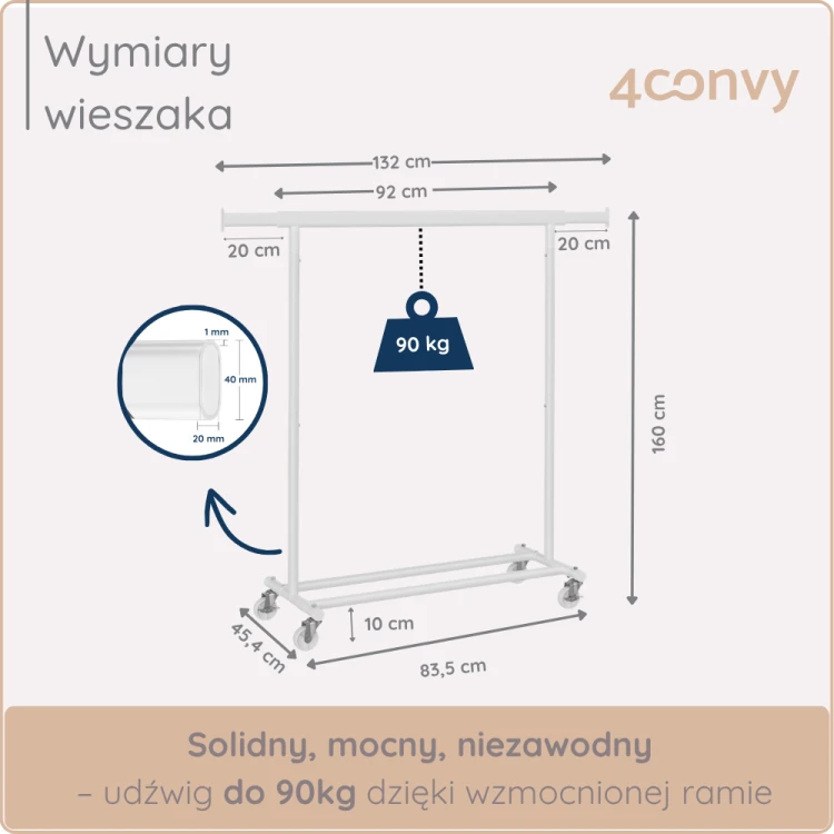 Stojak na ubrania z obrotowymi kółkami i blokadą, zapewniającymi mobilność i stabilność. Idealny do łatwego przesuwania w dowolne miejsce, doskonały do przechowywania odzieży w domu.