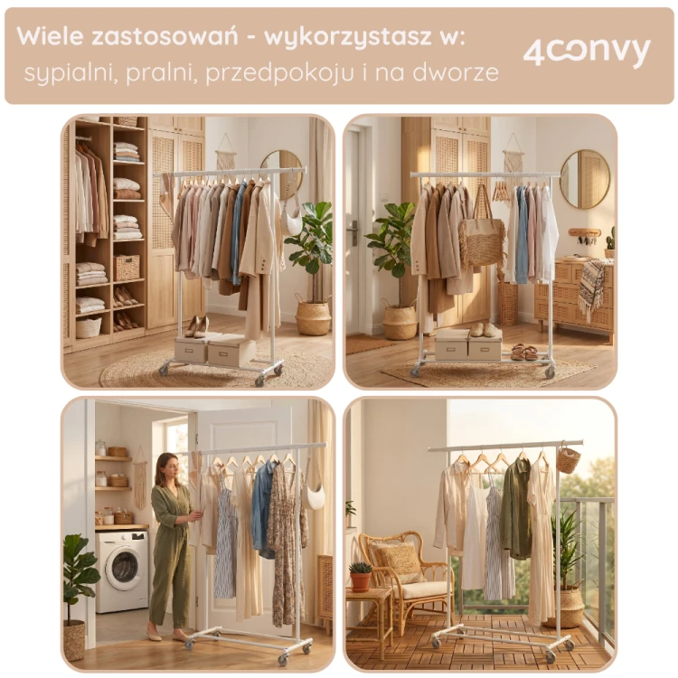 Wszechstronny stojak na ubrania 4convy, który znajdzie zastosowanie w sypialni, pralni, przedpokoju i na balkonie. Mobilny i praktyczny, pozwala na przechowywanie ubrań w każdym pomieszczeniu oraz suszenie na zewnątrz.