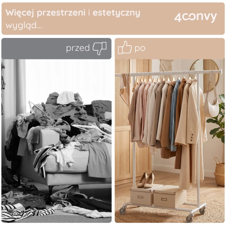 Stojak na ubrania 4convy o wielu zastosowaniach, idealny do sypialni, pralni, przedpokoju, a także na zewnątrz. Pokazane różne lokalizacje i sposoby użytkowania.
