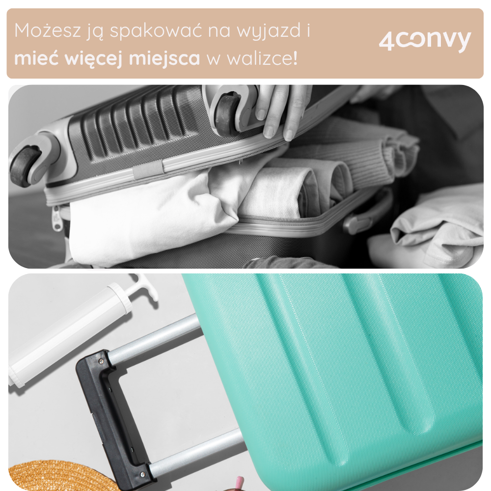 Porównanie walizki przed i po użyciu worków próżniowych z pompką 4CONVY. Kompaktowa pompka, którą można mieć zawsze przy sobie, to idealne rozwiązanie w podróży.