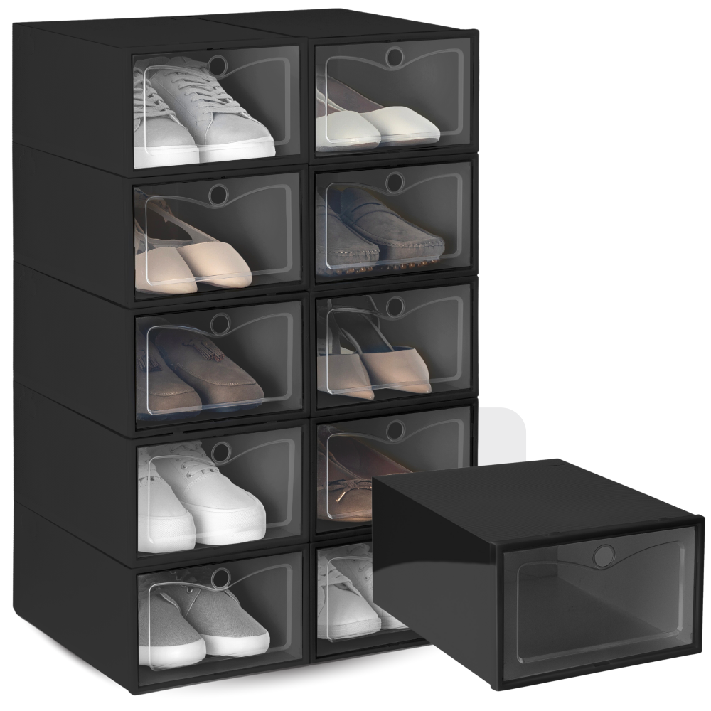 Czarne pudełka BASIC na buty – zestaw 10 sztuk ułożonych w dwóch słupkach, z wygodnym przechowywaniem obuwia w praktycznym i estetycznym wydaniu.