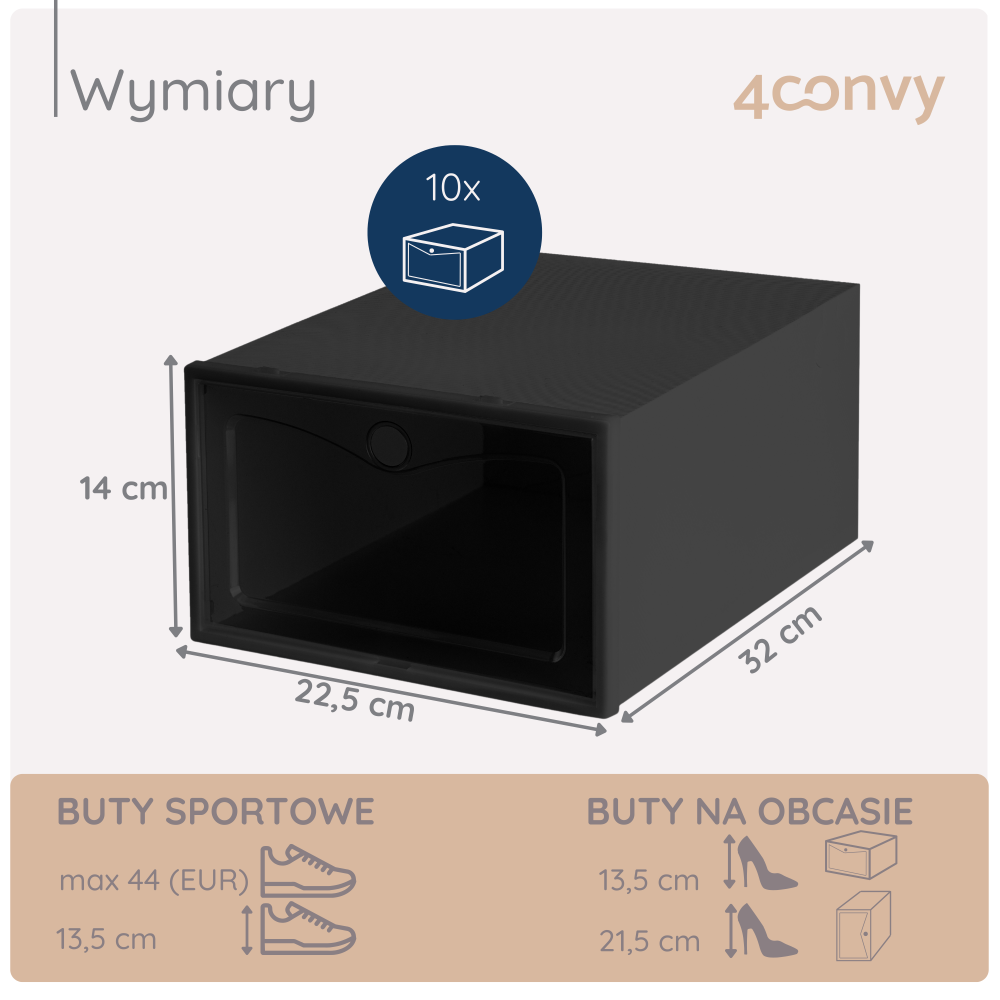 Czarne pudełko BASIC na buty – zdjęcie produktowe z dokładnymi wymiarami, idealne do przechowywania różnych rozmiarów obuwia.