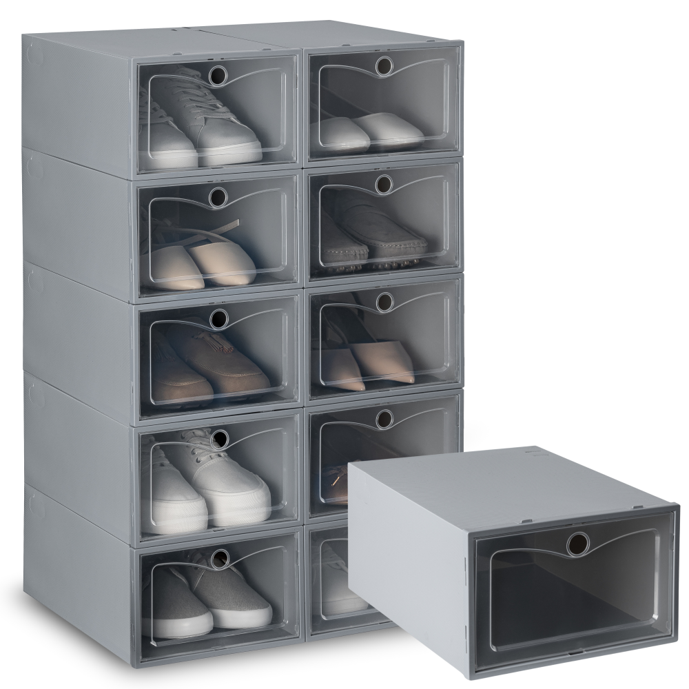 Szare pudełka BASIC na buty – zestaw 10 sztuk ułożonych w dwóch słupkach, z wygodnym przechowywaniem obuwia w praktycznym i estetycznym wydaniu.