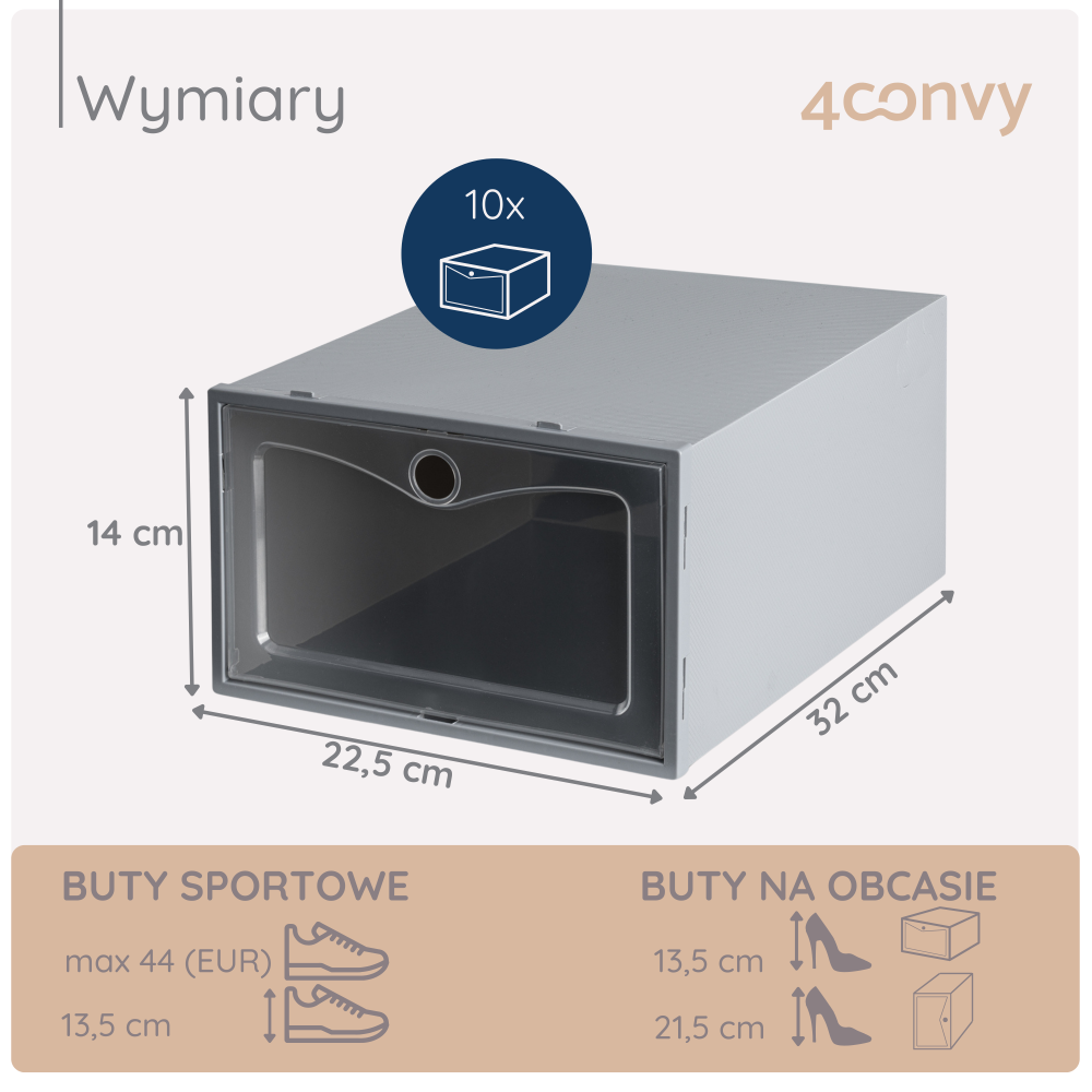 Szare pudełko BASIC na buty – zdjęcie produktowe z dokładnymi wymiarami, idealne do przechowywania różnych rozmiarów obuwia.