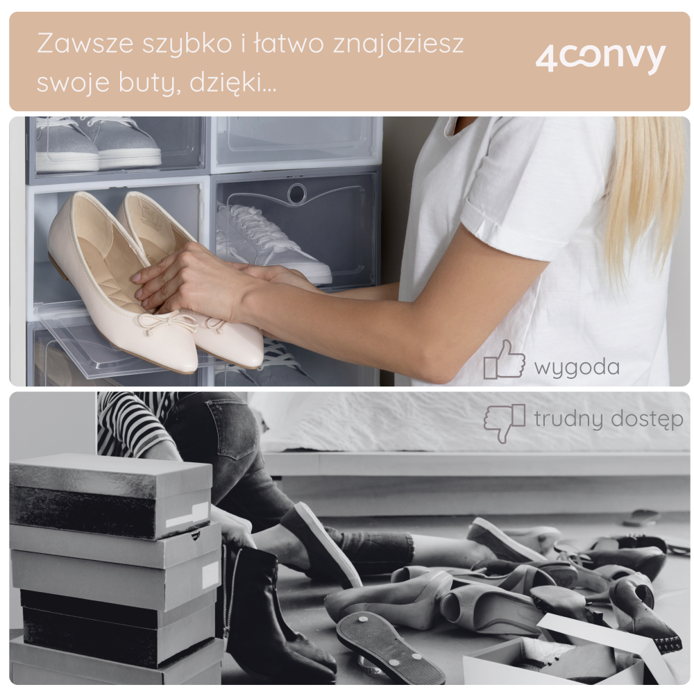 Porównanie organizacji butów: buty uporządkowane w pudełkach BASIC kontra porozrzucane po podłodze i w zwykłych, niepraktycznych pudełkach.