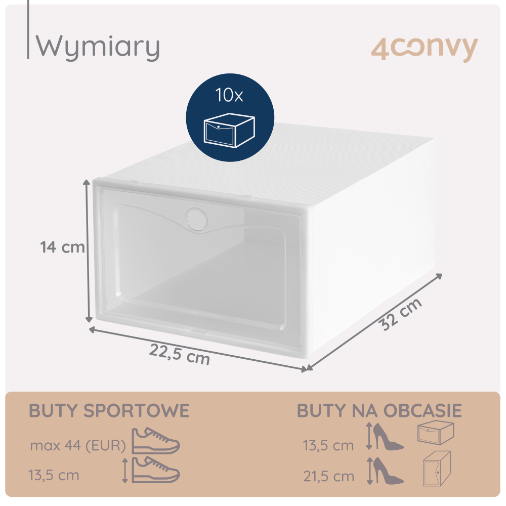 Białe pudełko BASIC na buty – zdjęcie produktowe z dokładnymi wymiarami, idealne do przechowywania różnych rozmiarów obuwia.