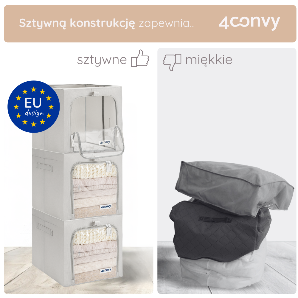 Porównanie toreb 40 L – nasze torby są sztywne i można je stabilnie układać jedna na drugiej, w przeciwieństwie do miękkich toreb konkurencji.