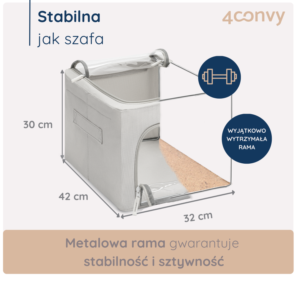 Torba do przechowywania 40 L ze stelażem – sztywna i stabilna konstrukcja. Zdjęcie z wymiarami i szczegółami budowy torby.