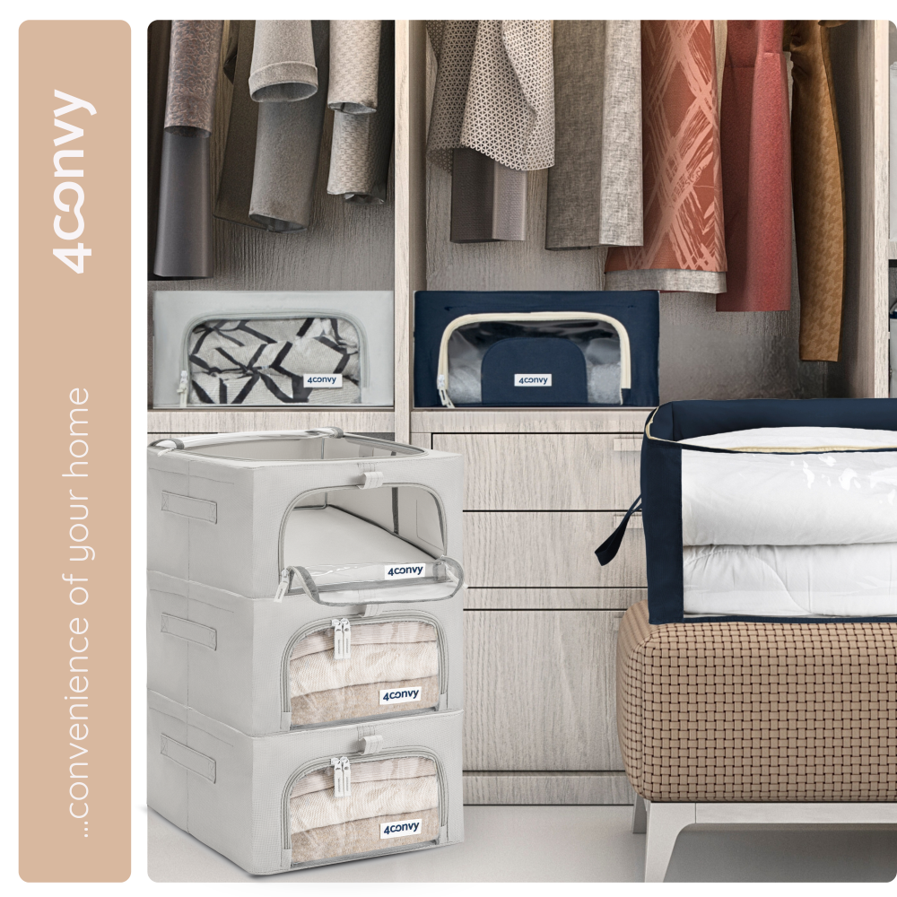 Trzy torby do przechowywania 40 L ze stelażem ułożone jedna na drugiej, ustawione obok szafy – stylowe i funkcjonalne przechowywanie w domowej przestrzeni.