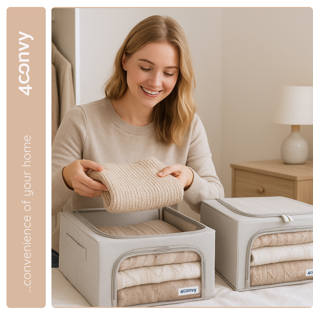 Torby do przechowywania 24 litry w użyciu – modelka wkłada ubranie do torby. Praktyczna organizacja i oszczędność miejsca.