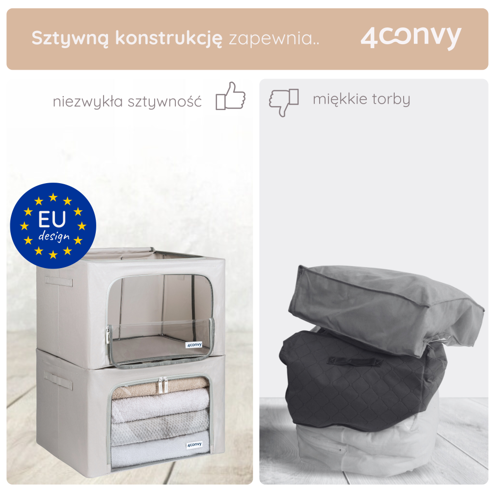 Porównanie toreb 66 litrów – nasze torby są sztywne i można je stabilnie układać jedna na drugiej, w przeciwieństwie do miękkich toreb konkurencji.