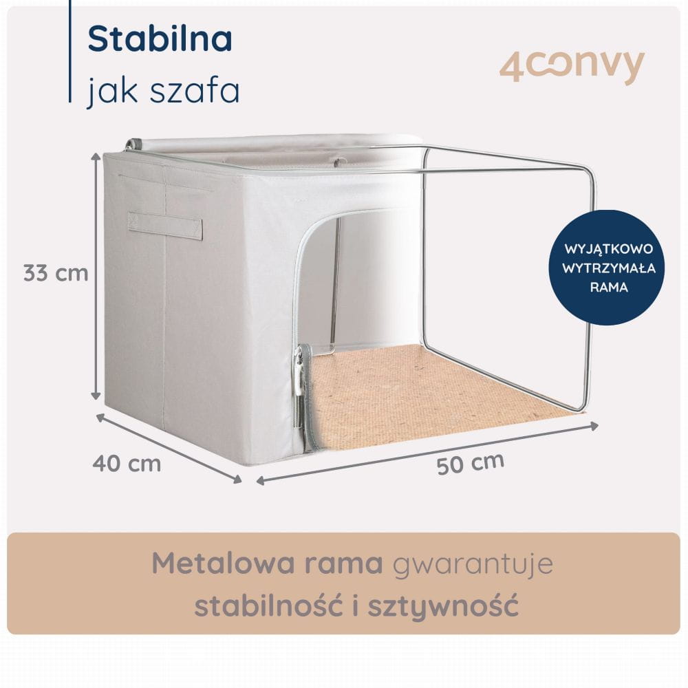 Torba do przechowywania 66 litrów ze stelażem – sztywna i stabilna konstrukcja. Zdjęcie z wymiarami i szczegółami budowy torby.