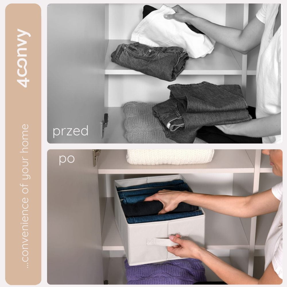 Porównanie szafy przed i po użyciu organizerów. Praktyczne rozwiązanie do efektywnej organizacji garderoby.