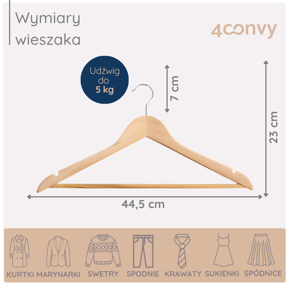 Drewniany wieszak o szerokości 44,5 cm, wysokości 23 cm i głębokości 7 cm, przeznaczony do przechowywania ubrań o wadze do 5 kg. Idealny do kurtek, marynarek, swetrów, spodni, krawatów, sukienek i spódnic.