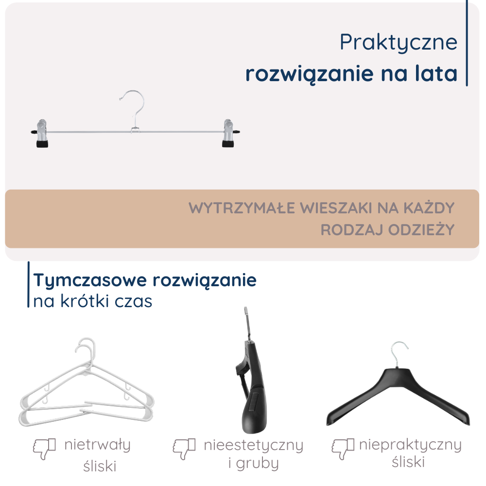 Wytrzymałe wieszaki na każdą odzież, idealne na lata, w porównaniu do tymczasowych rozwiązań, takich jak plastikowe wieszaki, które są nietrwałe, śliskie i nieestetyczne. Metalowy wieszak z klipsami zapewnia większą funkcjonalność i estetykę.