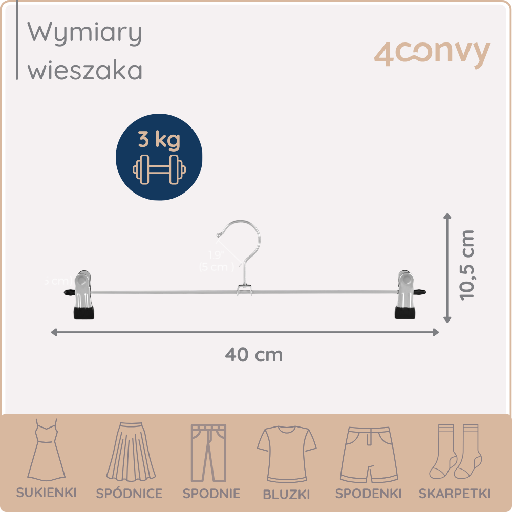 Wieszak z regulowanymi klipsami o wymiarach 40 cm długości i 10,5 cm wysokości. Wytrzymuje obciążenie do 3 kg. Idealny do przechowywania sukienek, spódnic, spodni, bluzek, spodenek i skarpetek. Praktyczne rozwiązanie do organizacji ubrań w szafie.