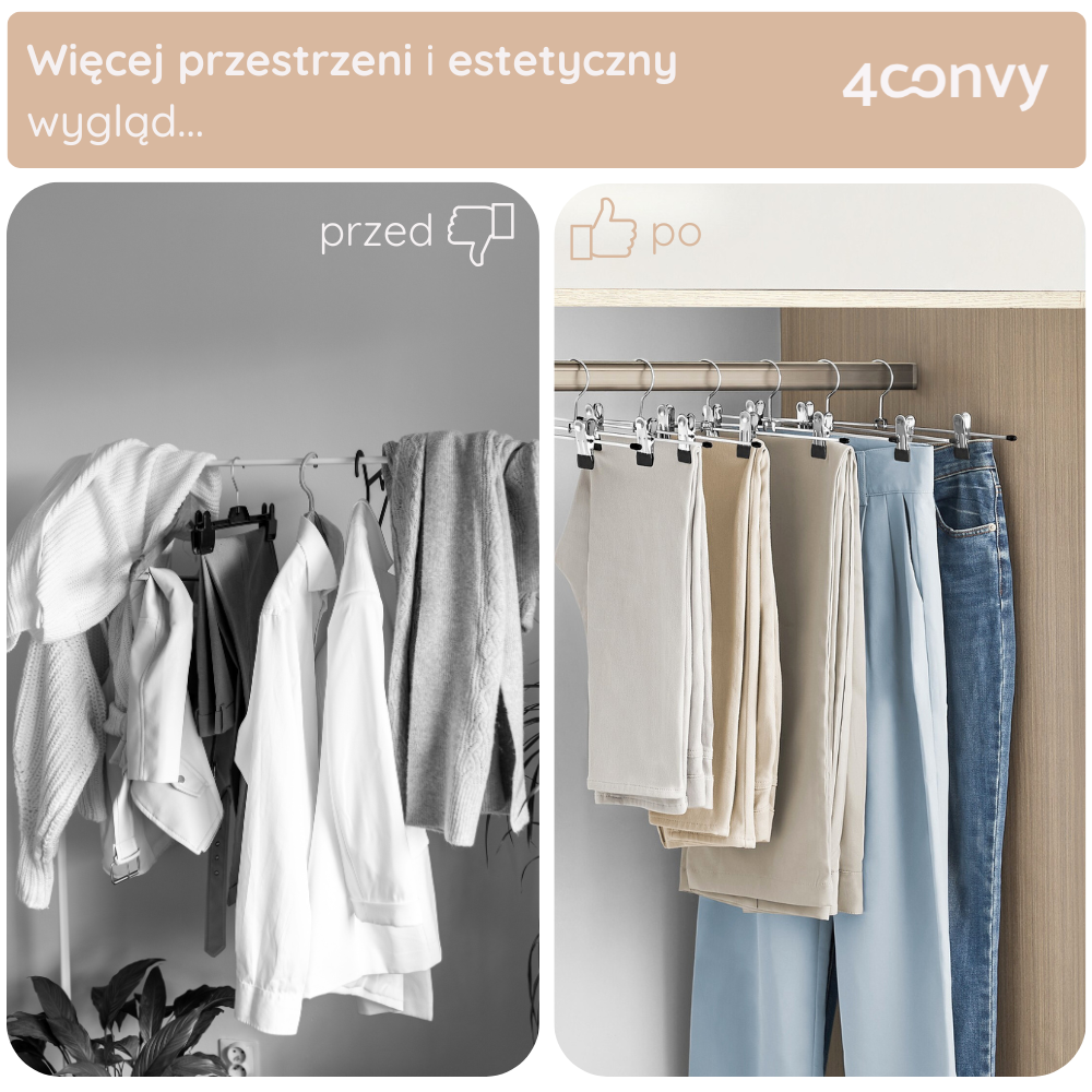 Porównanie przed i po organizacji przestrzeni w szafie. W lewej części widać nieuporządkowane ubrania, podczas gdy po prawej zastosowanie wieszaków z klipsami zapewnia przestronny i estetyczny wygląd.