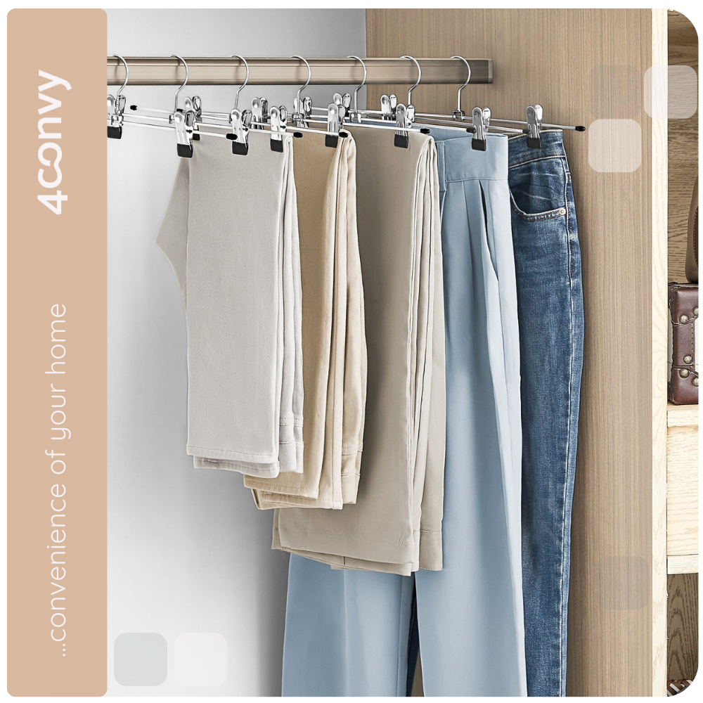 Wieszaki 4convy do wygodnego przechowywania spodni i innych ubrań w szafie. Dzięki klipsom zachowasz porządek i uporządkujesz swoją garderobę w prosty sposób. Idealne rozwiązanie dla każdego domu.