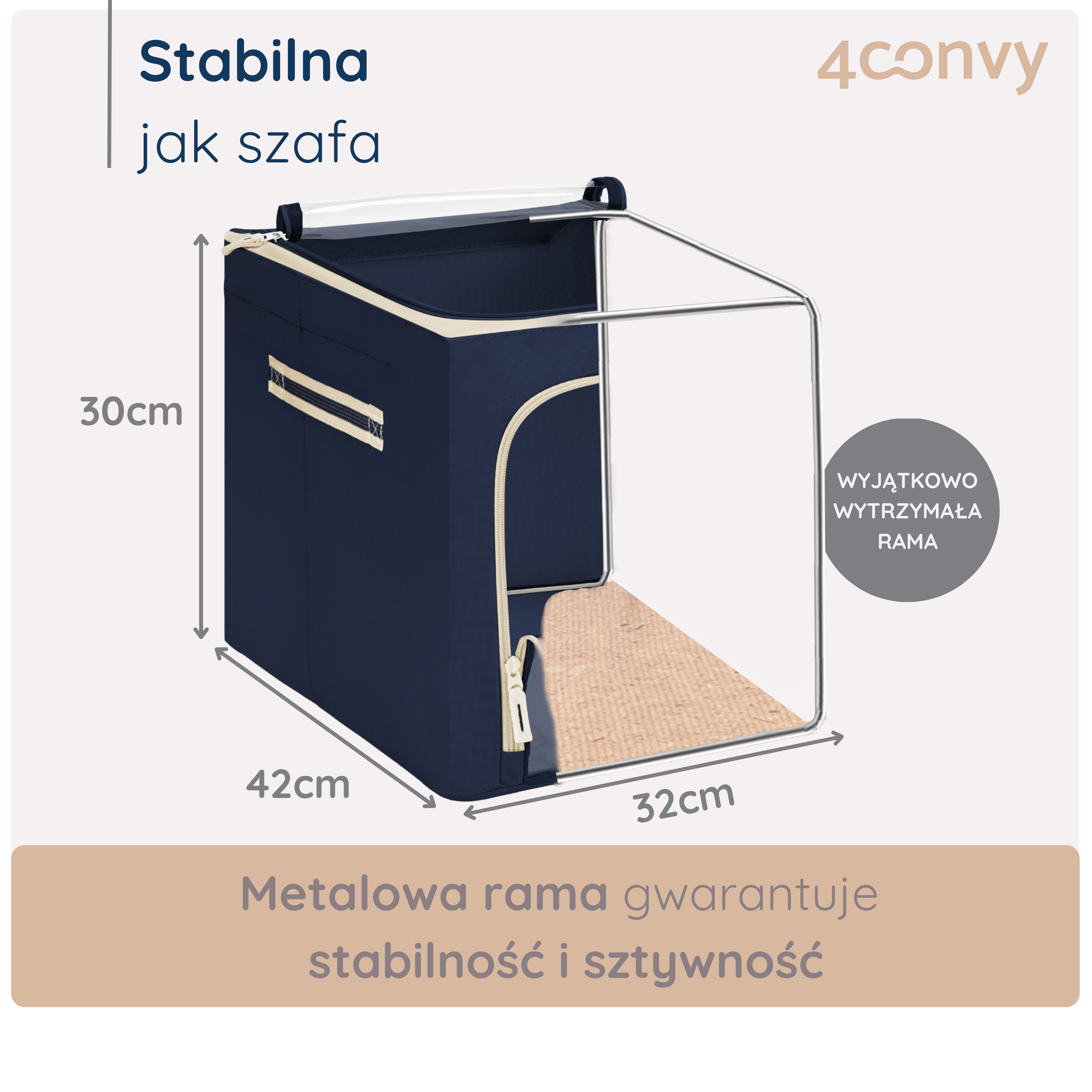 Torba do przechowywania 40 L ze stelażem – sztywna i stabilna konstrukcja. Zdjęcie z wymiarami i szczegółami budowy torby.