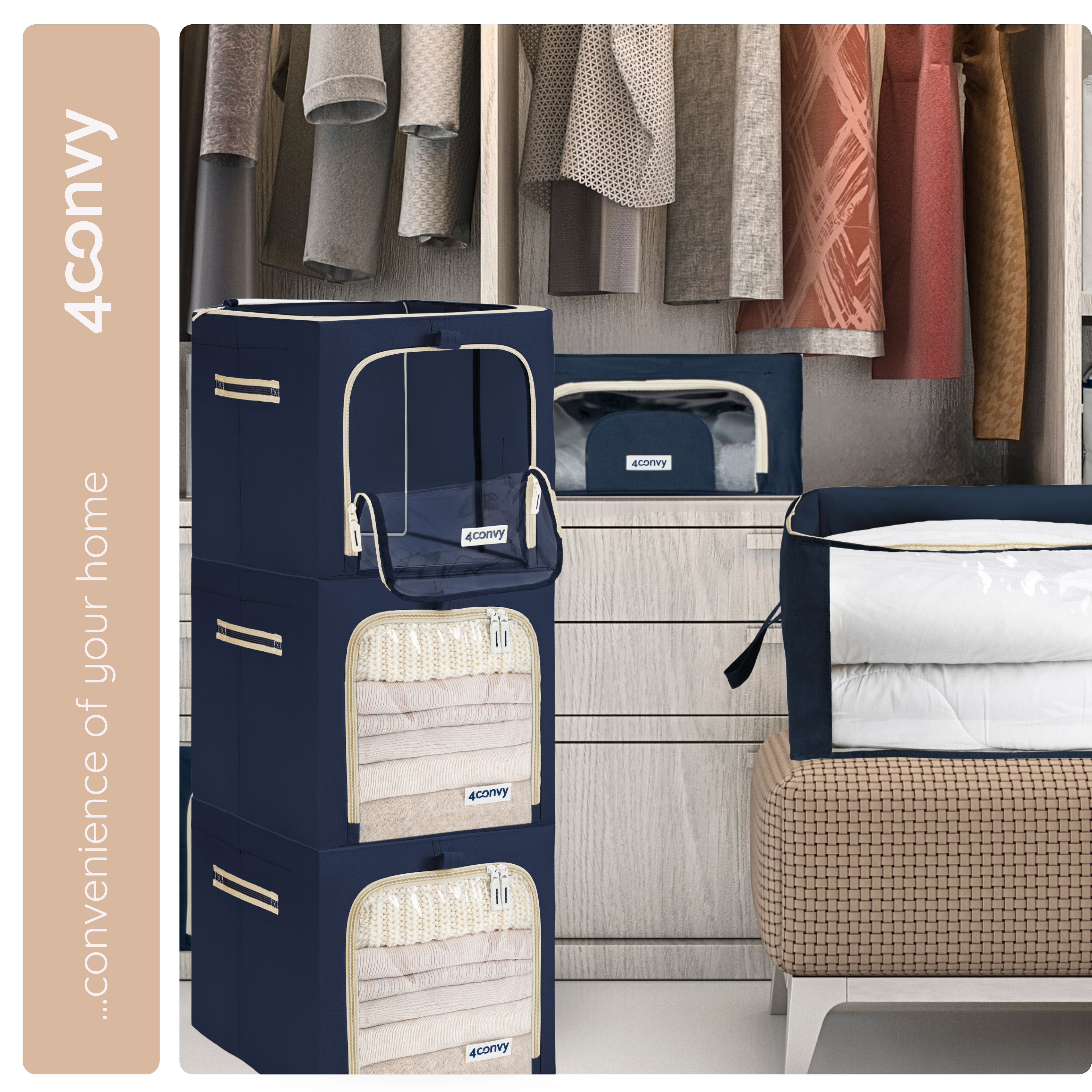 Trzy torby do przechowywania 40 L ze stelażem ułożone jedna na drugiej, ustawione obok szafy – stylowe i funkcjonalne przechowywanie w domowej przestrzeni.