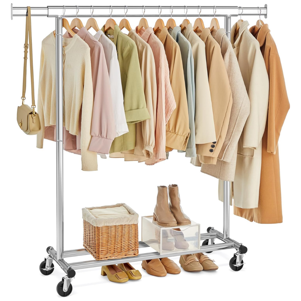 Stojak na ubrania z regulowaną wysokością i mobilną konstrukcją na kółkach. Wykonany z solidnej metalowej ramy, doskonały do przechowywania odzieży w domu lub w sklepie.