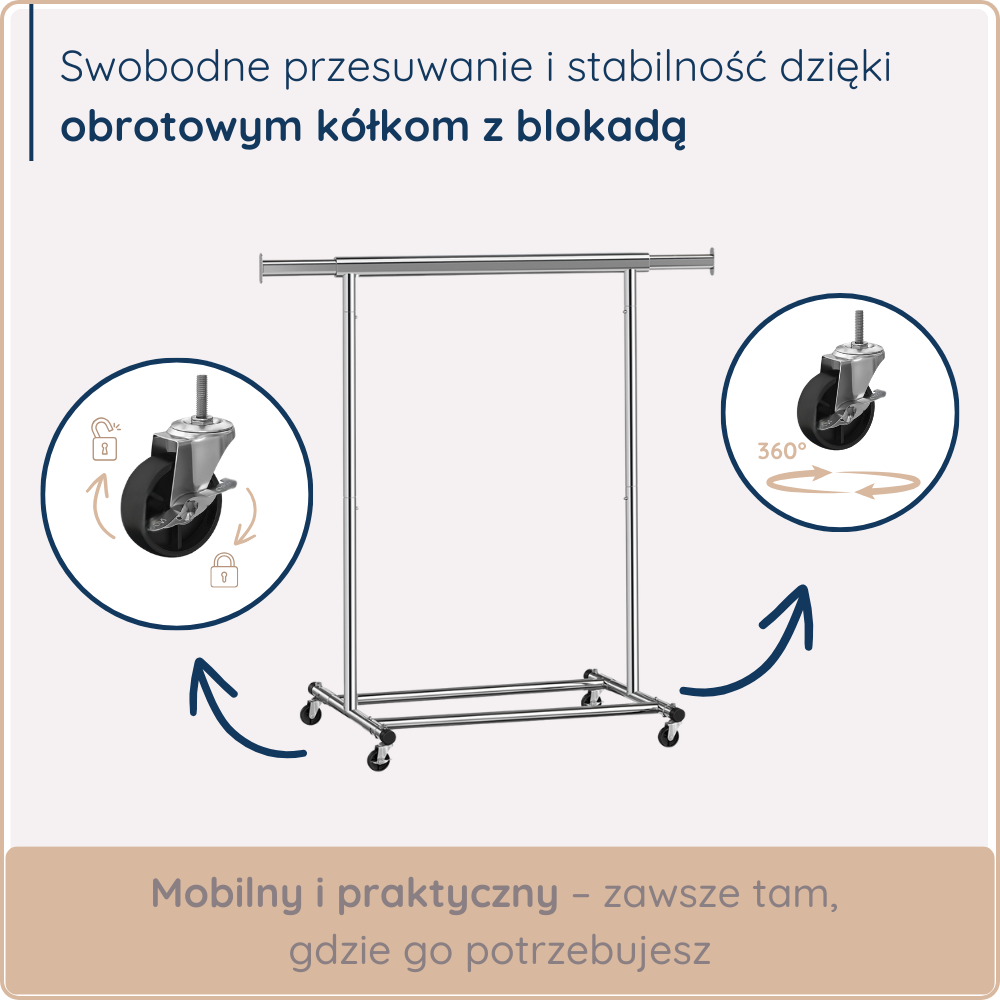 Stojak na ubrania z obrotowymi kółkami i blokadą, zapewniającymi mobilność i stabilność. Idealny do łatwego przesuwania w dowolne miejsce, doskonały do przechowywania odzieży w domu.