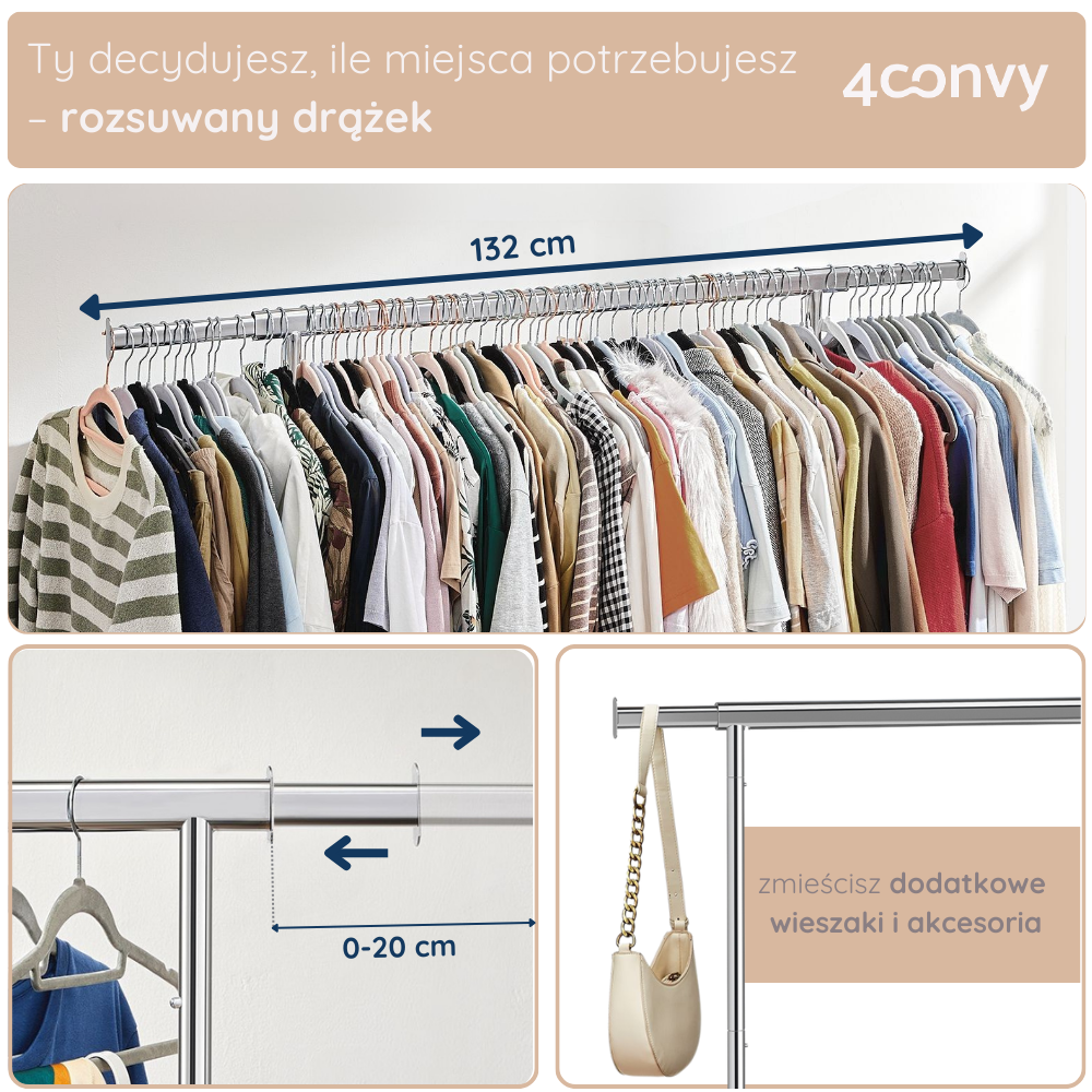 Stojak na ubrania 4convy z rozsuwanym drążkiem, który umożliwia regulację przestrzeni do 132 cm. Idealny do przechowywania odzieży oraz dodatkowych akcesoriów, takich jak torby czy wieszaki.