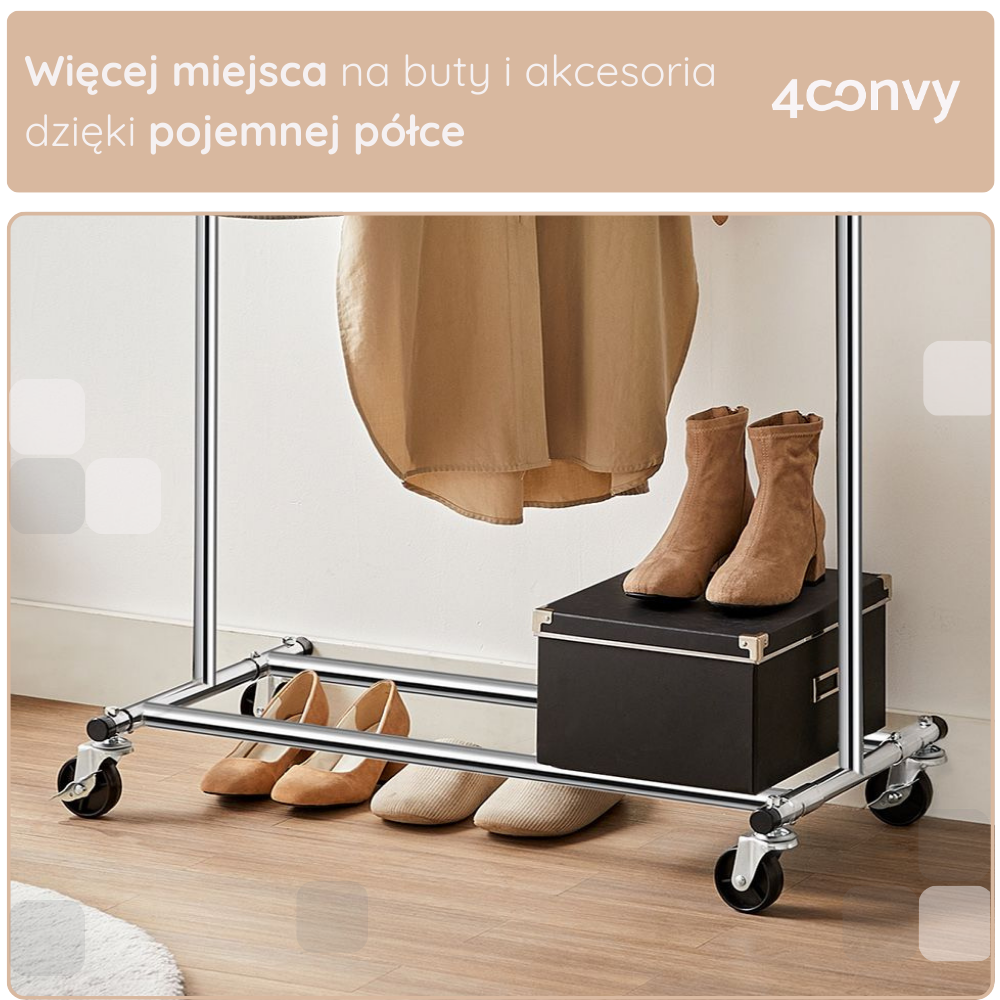 Stojak na ubrania 4convy z pojemną półką, która zapewnia dodatkową przestrzeń na buty i akcesoria. Idealne rozwiązanie do porządkowania przestrzeni w szafie, przedpokoju lub garderobie.