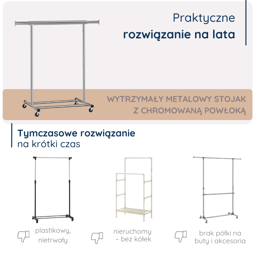 Stojak na ubrania 4convy to solidne rozwiązanie na lata, wykonane z metalu i chromowanej powłoki, w przeciwieństwie do tymczasowych, nietrwałych plastikowych stojaków czy modeli bez kółek. Idealny wybór dla trwałości i funkcjonalności.