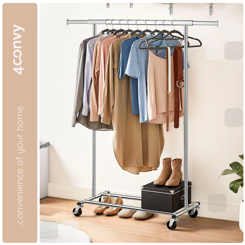 Stojak na ubrania 4convy idealny do przechowywania odzieży, z dodatkowymi półkami na buty i akcesoria. Praktyczne rozwiązanie do organizacji przestrzeni w sypialni, przedpokoju czy garderobie.