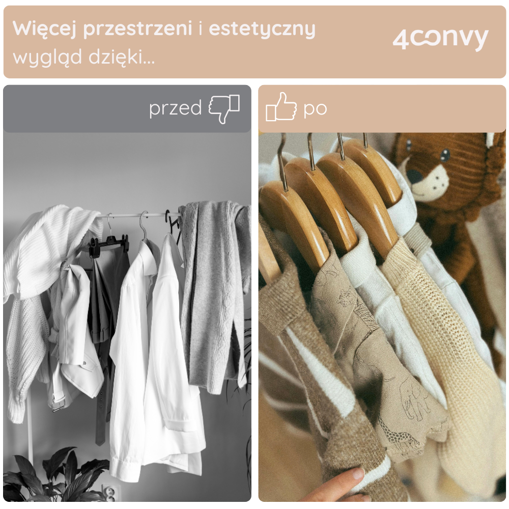 Zorganizuj swoją szafę i stwórz przestronną oraz estetyczną przestrzeń dzięki drewnianym wieszakom. Porównanie pokazuje, jak uporządkowane ubrania na wieszakach poprawiają wygląd szafy, zapewniając więcej miejsca i elegancki efekt.
