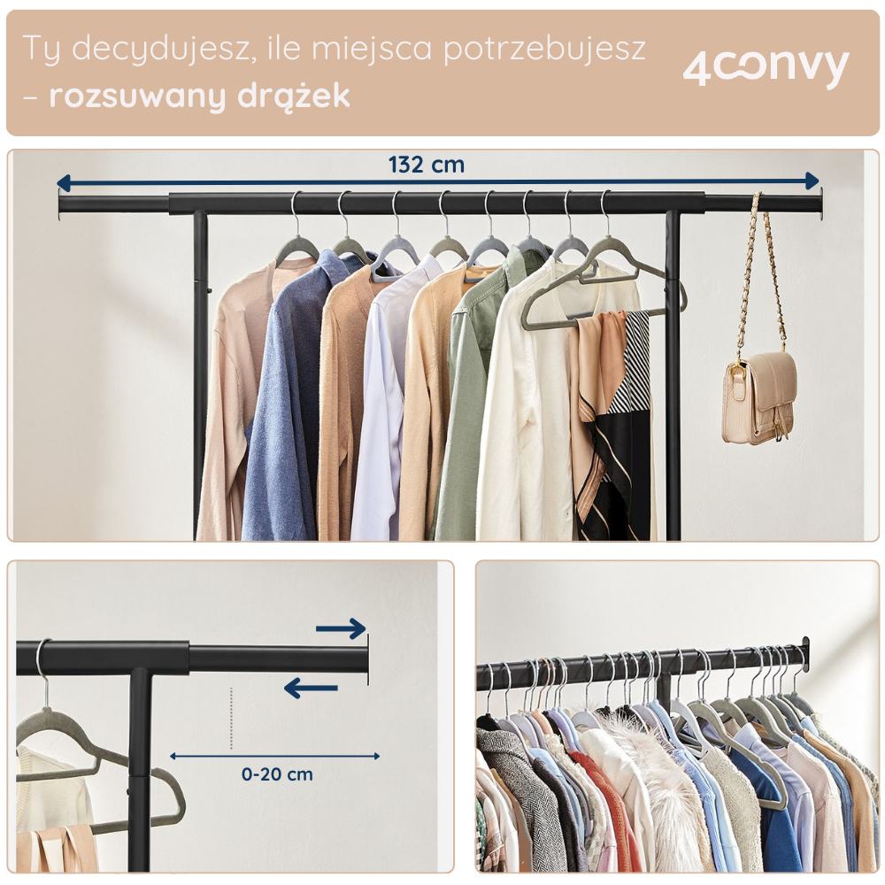 Stojak na ubrania 4convy z rozsuwanym drążkiem, który umożliwia regulację przestrzeni do 132 cm. Idealny do przechowywania odzieży oraz dodatkowych akcesoriów, takich jak torby czy wieszaki.