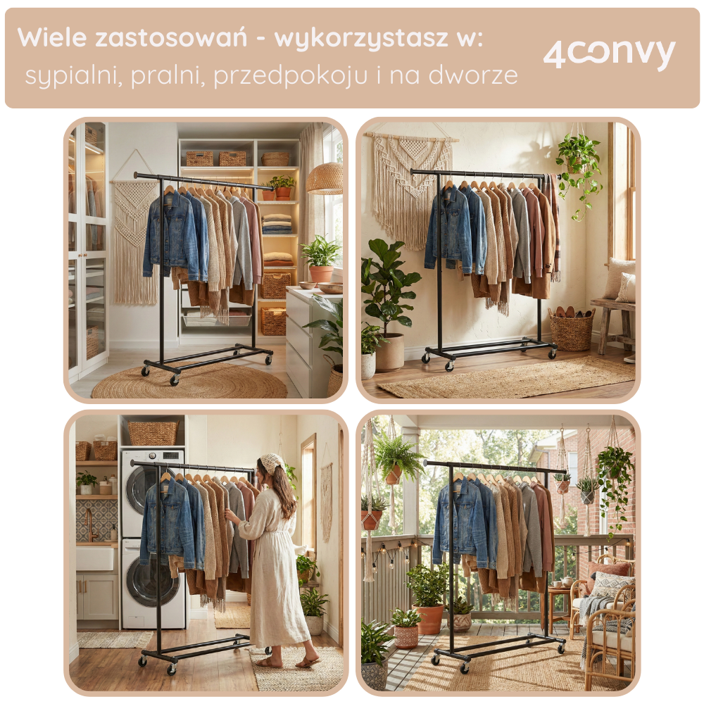 Wszechstronny stojak na ubrania 4convy, który znajdzie zastosowanie w sypialni, pralni, przedpokoju i na balkonie. Mobilny i praktyczny, pozwala na przechowywanie ubrań w każdym pomieszczeniu oraz suszenie na zewnątrz.