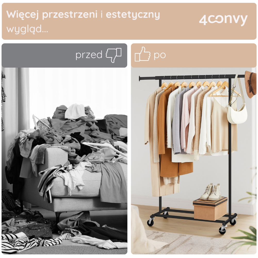 Stojak na ubrania 4convy to solidne rozwiązanie na lata, wykonane z metalu i chromowanej powłoki, w przeciwieństwie do tymczasowych, nietrwałych plastikowych stojaków czy modeli bez kółek. Idealny wybór dla trwałości i funkcjonalności.