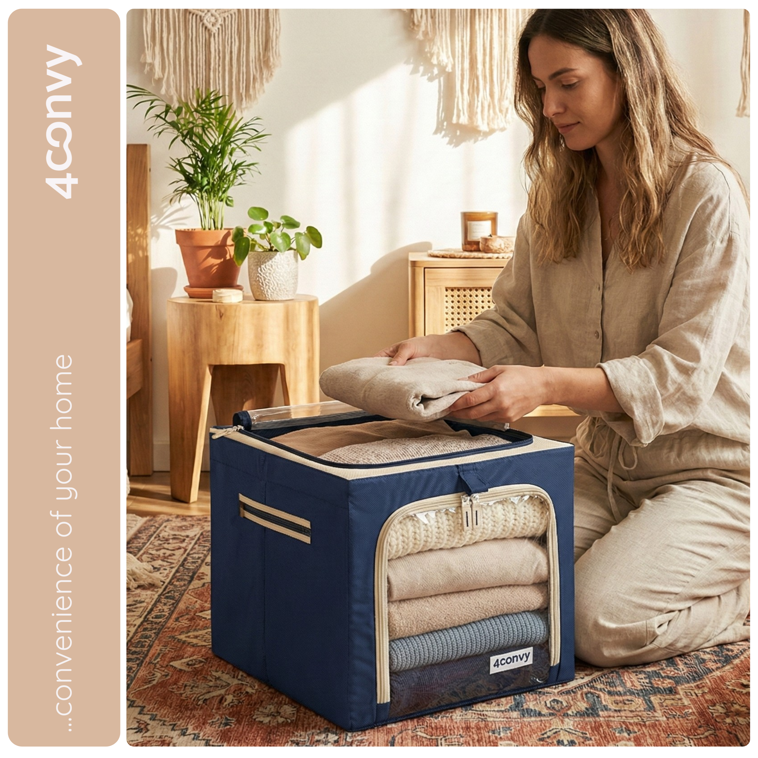 Torby do przechowywania 40 L w użyciu – modelka wkłada pościel do jednej torby. Praktyczna organizacja i oszczędność miejsca.