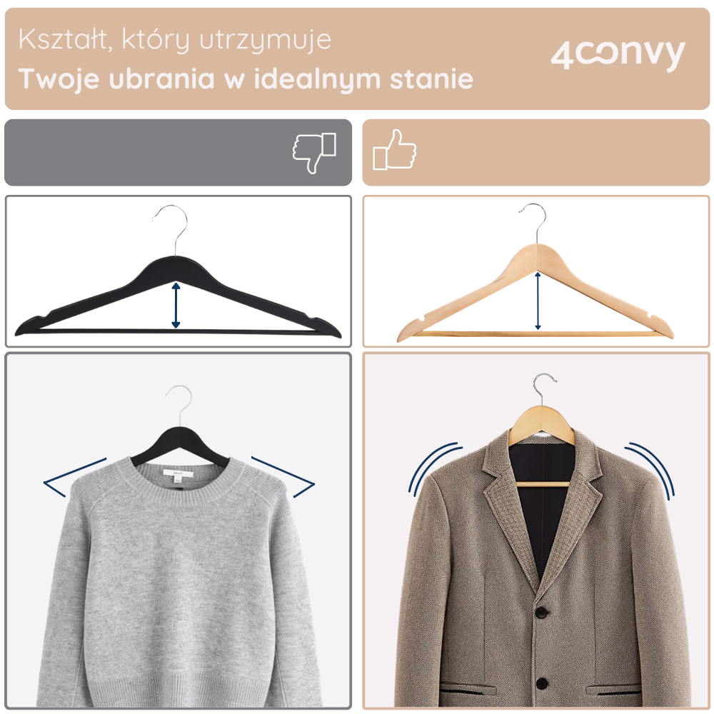 Ergonomiczny wieszak drewniany, zaprojektowany tak, aby utrzymać ubrania w idealnym stanie. Dzięki swojemu kształtowi, wieszak zapobiega rozciąganiu odzieży, zachowując jej formę.
